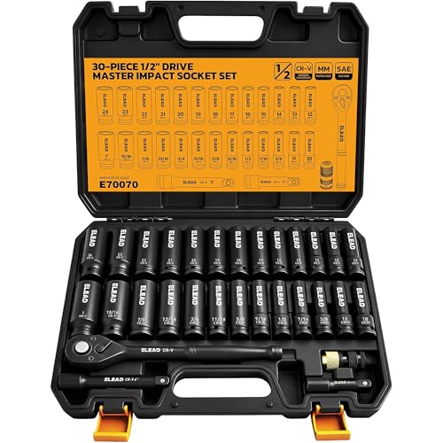 ELEAD 1/2" Drive Deep Impact Socket Set: 30-Piece Standard SAE (3/8 to 1 Inch) and Metric (10-24mm) Size, 3" and 5" Drive Extension Bar, Ratchet Handle, Bit Adapter, CR-V Steel for Auto Repair - color: 30pcs 1/2'' Drive Impact Socket Set Black