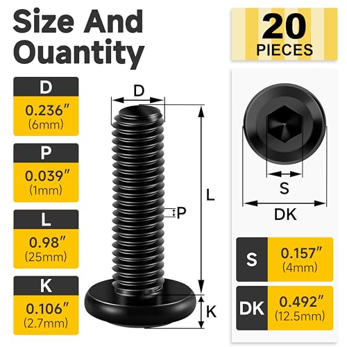 Mywish M6 x 25mm 20Pcs Flat Head Hex Socket Cap Screws Bolts, 304 Stainless Steel Furniture Bolts Full Thread, Black Oxide & Hex Spanner - color: Black-M6, size: 25mm
