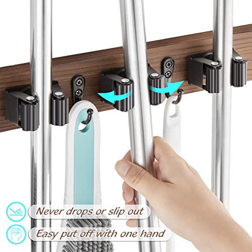 OUTNILI Mop and Broom Holder Wall Mount - Wood Broom Mop Hanger - Wall Mounted Garden Tool Rack Organizer for Closet Garage Laundry Room, Rustic Kitchen Decor With 4 Slots & 4 Hooks - color: Brown-4 Grips, size: 1 Pack