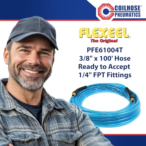 Coilhose Pneumatics PFE61004T Flexeel Reinforced Polyurethane Air Hose, 3/8-Inch ID, 100-Foot Length with (2) 1/4-Inch MPT Reusable Strain Relief Fittings, Transparent Blue - color: Transparent Blue, size: 3/8" X 100 Feet, 1/4" FTG