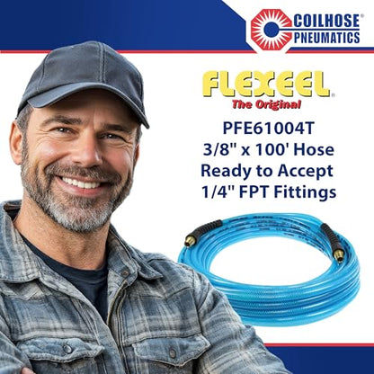 Coilhose Pneumatics PFE61004T Flexeel Reinforced Polyurethane Air Hose, 3/8-Inch ID, 100-Foot Length with (2) 1/4-Inch MPT Reusable Strain Relief Fittings, Transparent Blue - color: Transparent Blue, size: 3/8" X 100 Feet, 1/4" FTG