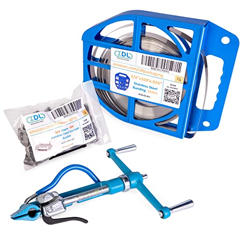 IDL Packaging 3/4" Stainless Steel 201 Banding Kit – Heavy-Duty Banding Tool + 3/4" x 0.02" x 100' Stainless Steel 201 Banding Coil + 100 Stainless Steel Ear-Lokt Buckles - size: 3/4" x 0.02" x 100', style: SS 201 + Ear-Lokt Buckles