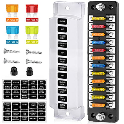 Nilight 12 Way Fuse Block with Negative Bus 12V Blade Holder ATC/ATO Standard Box Label Stickers Waterproof Cover Panel for Automotive Cars Trucks RVs Campers Vans - color: 12 Way Fuse Block