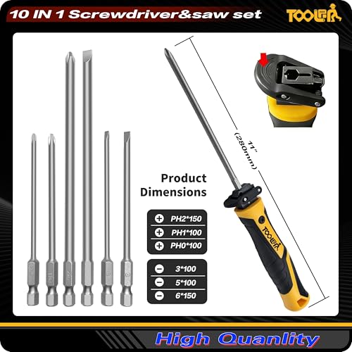 TOOLAN 10 in 1 Multi Magnetic Tip Screwdriver Set with hand saw, 3 Phillips and 3 Flat, Professional Grip, Jab saw,for cutting drywall,Sheetrock wood Metel plastic plywood, quick Change Mechaism - color: 10-in-1