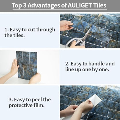AULIGET 40-Piece Polished Blue Marble Peel and Stick Backsplash Wall Tiles, 3" x 12" PVC Faux Stone Stick on Tiles for Backsplash Kitchen, Bathroom, Laundry Room, Camper, Fireplace - color: Polished Blue Marble, size: 40 Pieces, 3"x12"x0.12"
