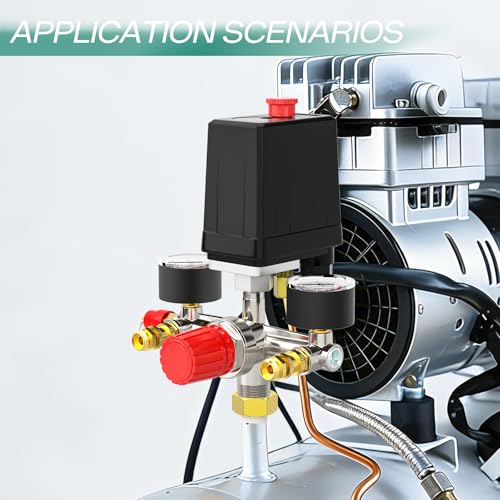 Air Compressor Pressure Switch Control Valve Kit 1 Way, 90-120 PSI, 110V-240V, With 0-180 Pressure gauge & Manifold Regulator - size: 90-120 PSI