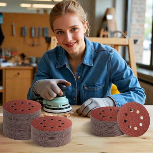 JTIEO 100PCS Sanding Discs 5 Inch, 150 Grit Orbital Sander Pads, Hook & Loop Sandpaper Pads, 8 Hole Round Sanding Discs for Random Orbital Sanders - style: 150Grit-100pcs