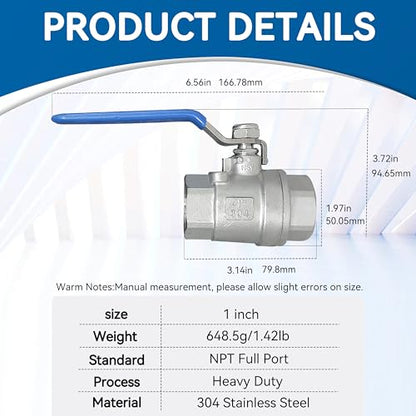 1 Pack Full Port Ball Valve 1 NPT 304 Stainless Steel 2 - chip ball valve Female Heavy Duty WOG1000 for Water，Oil，Gas with Locking Devic (1", 1) - style: 1"
