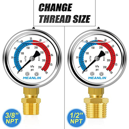 MEANLIN MEASURE 1/4" NPT 0-50psi Pressure Gauge, 2" Dial Glycerine Filled Pool Filter, 304 Stainless Steel Housing, Lower Mount, with 1/2" NPT and 3/8" NPT Hex Bushing - size: 0-50Psi/0-350Kpa, style: Lower Mount