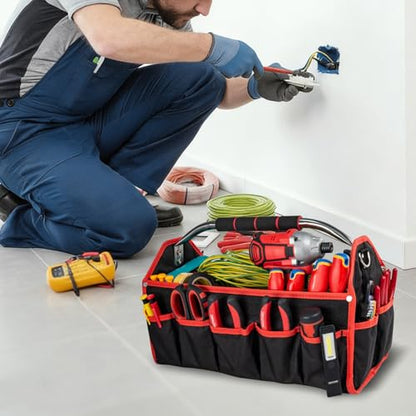 HAUTMEC 16" Foldable Tool Tote Bag, Open Top Tool Bag with Stiff Frame, 16-Pockets Electrician Tool Bag with Padded Steel Handle, Shoulder Strap & Water-Resistant Hard Base – TB0002 - size: 16-Inch, style: Foldable