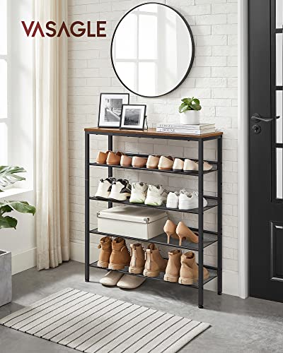 VASAGLE 5-Tier Shoe Rack, Adjustable, Freestanding - color: Rustic Brown + Ink Black, size: 5 Tiers (29.5"W)