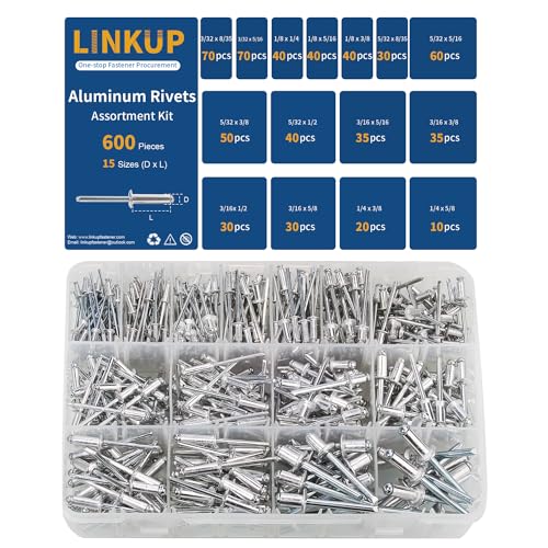 Linkup 600pcs 15 Sizes Pop Rivets Assortment Kit,Aluminum Rivets, Silver pop rivet set including 3/32" 1/8" 5/32" 3/16" 1/4" blind rivets for metal Dome Head rivet kit - color: Silver Set, size: 600/set