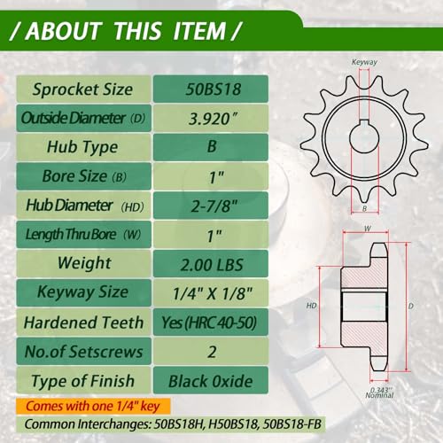 #50 Roller Chain Sprocket 18 Tooth 1" Bore (1/4" Keyway) Black Oxide with 2 Set Screws & Key for Conveyor Farm Equipment Packaging Industrial Heavy Duty Drive, Hardened Steel 50BS18-1 - size: 1 inch, style: 18tooth