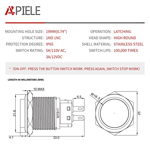 APIELE 19mm Latching Push Button Switch Round Waterproof Stainless Steel Metal High Flush 250V 5A 1NO 1NC SPDT 2PCS (High Round Latching) - style: Latching High Round