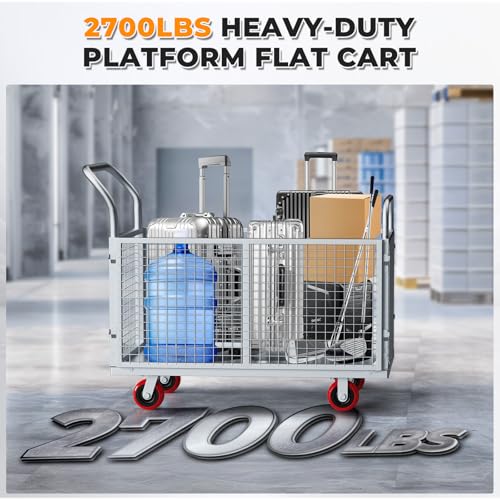 2IN1 Steel Panel Cart Dolly – Heavy Duty Drywall Lumber Truck Cart with 3000 LBS Capacity, 44 x 28 Inch 2.2MM Steel Plate, 6" Swivel Brake Wheels, 1 Front & 3 Side Handrails (X Large with Cage) - size: Silver | XX-Large