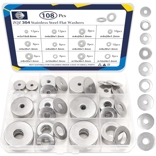 ZQZ 108Pcs Stainless Steel Flat Washers Assortment Kit;Fender Washer M3-M12 - size: 12 Sizes 108 Pieces