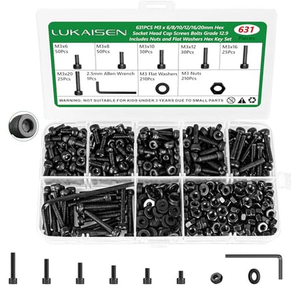631PCS M3 Hex Socket Screw Assortment Kit, M3 x 6/8/10/12/16/20mm - size: M3 631pcs 3