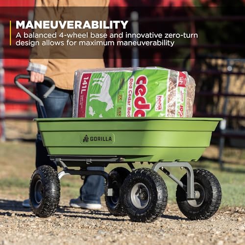 Gorilla Carts 600-Pound Capacity Heavy Duty Poly Yard Garden Steel Quick Dump Utility Wheelbarrow Wagon Cart with Straight Pull Handle, Green, Model GOR4G-COM - size: 4-Cubic Feet, style: Pneumatic-Green