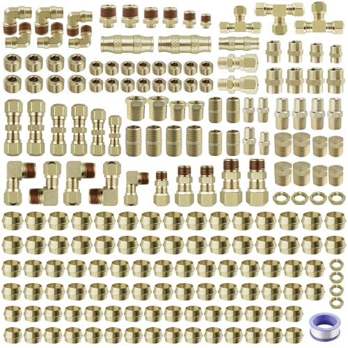 220Pcs Brass DOT Air Line Fittings Push Lock Air Fittings & Air Nylon Tube Compression Fittings Kits,1/4" 1/8" 3/8" 1/2" NPT Push To Connect Fittings Quick Connect Air Hose Fittings Assortment