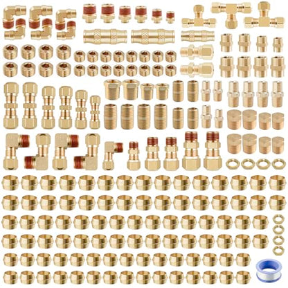 220Pcs Brass DOT Air Line Fittings Push Lock Air Fittings & Air Nylon Tube Compression Fittings Kits,1/4" 1/8" 3/8" 1/2" NPT Push To Connect Fittings Quick Connect Air Hose Fittings Assortment