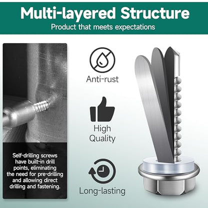 100Pcs #8 x 1 Sheet Metal Screws, 410 Stainless Steel Self Drilling Hex Washer Head Self Tapping Screws for Metal with Drill Bit - color: Silver, size: #8 x 1"