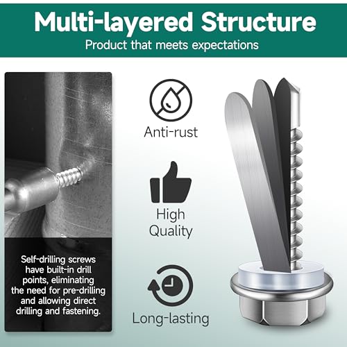 100Pcs #8 x 1-1/2" Sheet Metal Screws, 410 Stainless Steel Self Drilling Hex Washer Head Self Tapping Screws for Metal with Drill Bit - color: Silver, size: #8 x 1-1/2"