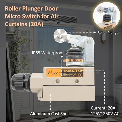 Awoco Heavy Duty Commercial Door Micro Switch with Roller Plunger for Air Curtains, 250V 20A IP 65 Limit Switch Type NO and Type NC (TZ-6104-20A) - style: TZ-6104-20A