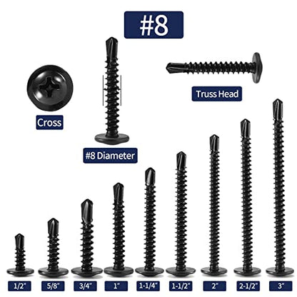 #8 x 3 Sheet Metal Screws 100PCS 410 Stainless Steel Truss Head Fast Self Tapping Screws Black Oxide by SG TZH - color: Black, size: #8 x 3"