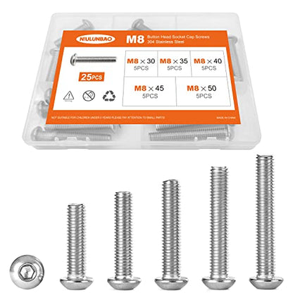 M8 x 30mm 35mm 40mm 45mm 50mm Button Head Socket Cap Screws Bolts, 304 Stainless Steel, Metric Allen Hex Drive, Machine Fully Threaded, Assortment Kit 25PCS - size: M8 x 30/35/40/45/50mm (25PCS)