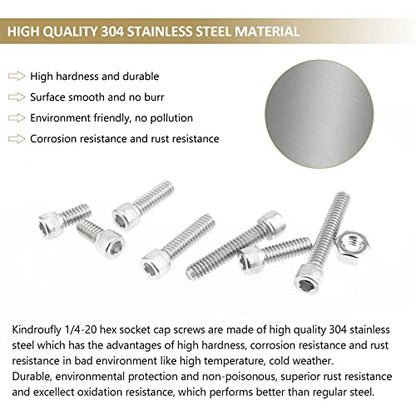 58 Pieces 1/4-20 x 1/2", 3/4", 1", 1-1/4", 1-1/2", Hex Socket Head Cap Screws Nuts Assortment Kit, 304 Stainless Steel, Fully Machine Thread - size: 1/4"-20, style: Socket Head