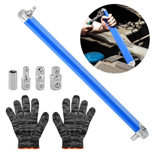 Offset Extension Wrench, 15" Impact Ready Zero Degree Swivel with 1/2", 3/8", 1/4" Adapters & Socket, Carbon Steel Ratchet Wrench Extender for Tight Spaces, Auto Repair & DIY