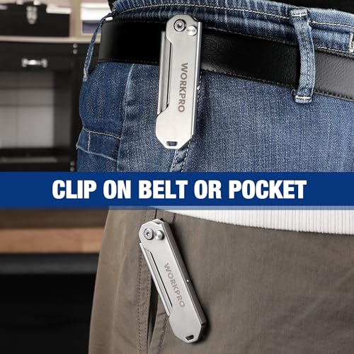 WORKPRO 2PCS EDC Folding Utility Knife, Mini Box Cutter with Quick Open Axis Lock, Quick Change Blade Razor Knife, Foldable Small Pocket Knife with Belt Clip, 2 Packs with 10 Extra Blades - color: Silver