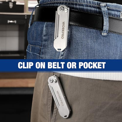 WORKPRO 2PCS EDC Folding Utility Knife, Mini Box Cutter with Quick Open Axis Lock, Quick Change Blade Razor Knife, Foldable Small Pocket Knife with Belt Clip, 2 Packs with 10 Extra Blades - color: Silver