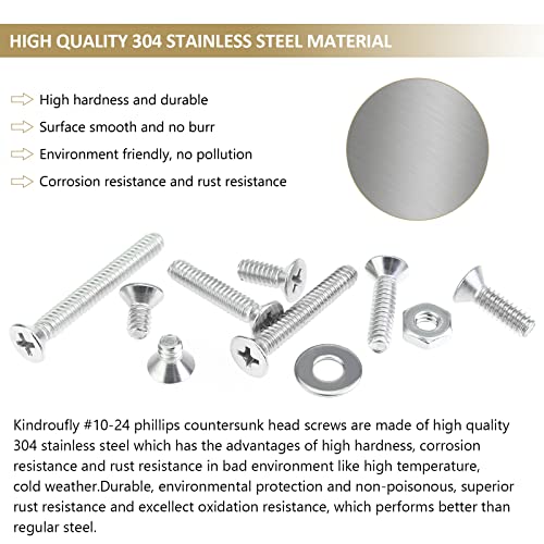 142 Pieces #10-24x 5/16", 3/8", 1/2", 5/8", 3/4", 1", 1-1/4", 1-1/2", Phillips Countersunk Head Machine Screws Nuts Washers Assortment Kit, 304 Stainless Steel, Fully Machine Thread - size: #10-24
