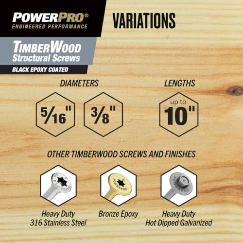 Power Pro TimberWood Structural Screws, 5/16in x 2-1/2in, 250 Pieces, Black - color: Black, size: 5/16 inch x 2-1/2 inch, style: 250pc