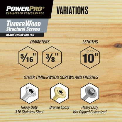 Power Pro TimberWood Structural Screws, 5/16in x 2-1/2in, 250 Pieces, Black - color: Black, size: 5/16 inch x 2-1/2 inch, style: 250pc