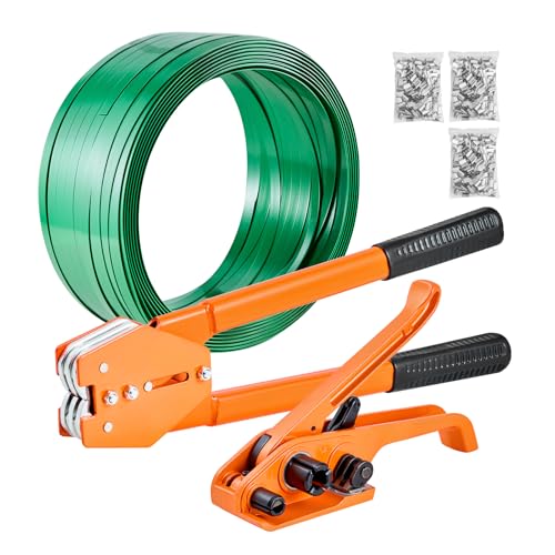 VEVOR Banding Strapping Kit, Heavy Duty Banding Sealer Tool with 1000 ft Length PET Band, 300 Metal Seals, Plastic Manual Pallet Packaging Strapping Kit for Warehouse/Shipping/Moving/Home, Orange - size: 5/8 in x 1000 ft