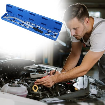 QWORK 15PCS Universal Auxiliary Belt Tensioner Pulley Removal Tool Kit, Engine Timing Belt Tension Wrench Set with Multi-Size Adapters & Carrying Case