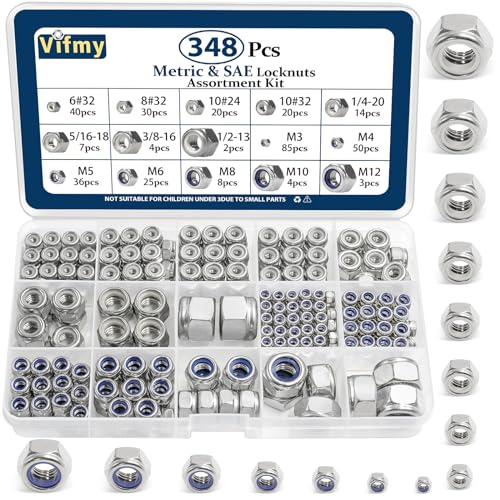 SAE & Metric Nylon Lock Nut Assortment Kit 348Pcs Stainless Steel - size: SAE and Metric Locknuts, 348 Pcs