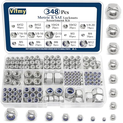 SAE & Metric Nylon Lock Nut Assortment Kit 348Pcs Stainless Steel - size: SAE and Metric Locknuts, 348 Pcs
