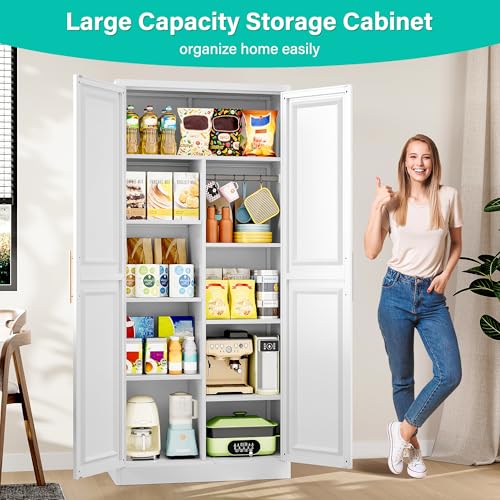SISESOL 71" Tall Storage Cabinet with 9 Shelves and Hanging Rod,Kitchen Pantry Cabinet with 2 Door,White Metal Storage Cabinets,Large Cupboard for Home,Kitchen,Laundry,Bathroom - color: White, size: 31.5"W