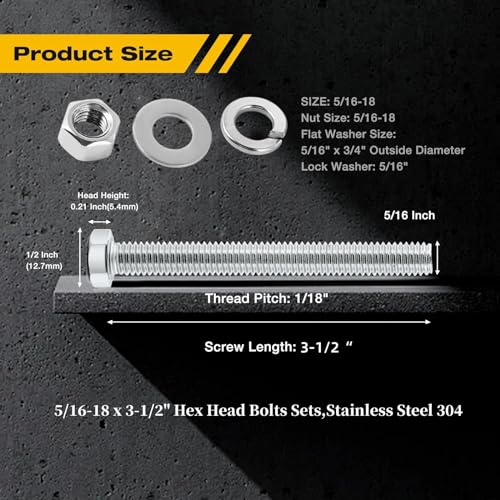 (6Set) 5/16-18 x 3-1/2" Complete Set Hex Head Screw Bolts,Nuts,Fender Flat washers,Split Lock Washers,Fully Threaded, Stainless Steel 18-8（304）, Bright Finish. - size: (6Set)5/16-18 x 3-1/2"