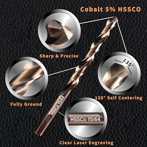 (5PCS) 15/64" Cobalt Drill Bit, HSS M35 Metal Drill Bits for Steel, Stainless Steel, Cast Iron, Hard Plastic and Wood - size: 15/64 5PCS Cobalt