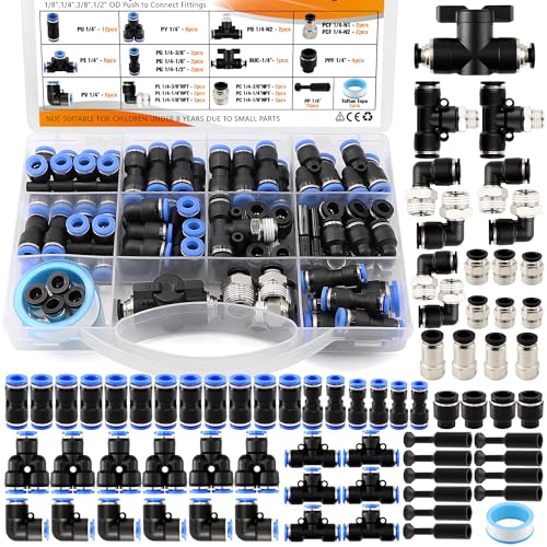 70Pcs 1/4" OD Push to Connect Fittings Kit,Quick Connect Pneumatic Fittings - color: 70Pcs-blue