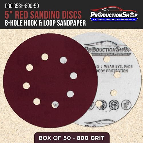 ProductionShop Premium 5" Red 8-Hole Pattern 800 Grit Sanding Discs, Box of 50 - Dustless Hook & Loop Backing Sandpaper for Random Orbital Sanders, Fine-Cut Abrasive - Woodworking, Auto Paint - style: 800 Grit