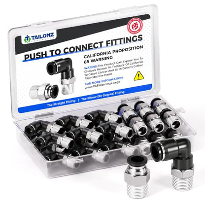 TAILONZ PNEUMATIC Elbow and Straight Combination 1/4 Inch Tube OD x 1/4 Inch NPT Thread Push to Connect Fittings PC-1/4-N2+PL-1/4-N2(Pack of 30) - size: 1/4"OD x 1/4"NPT