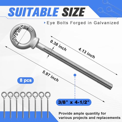LEIFIDE 8 Pcs Eye Bolt with Nut, 3/8" X 4-1/2" Galvanized Forged Steel - size: 3/8" X 4-1/2"