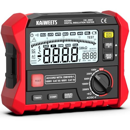 KAIWEETS Megohmmeter Insulation Tester 0.1MΩ-200GΩ 2500V DAR/PI Ohm Meter
