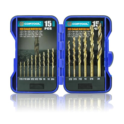 Cobalt Drill Bit Set, 15pcs Twist Jobber Length Drill Bit Kit for Hardened Metal, Cast Iron, Stainless Steel, Plastic and Wood, with Indexed Storage Case 1/16"-3/8", M35 HSS, 135 Degree Tip
