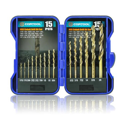 Cobalt Drill Bit Set, 15pcs Twist Jobber Length Drill Bit Kit for Hardened Metal, Cast Iron, Stainless Steel, Plastic and Wood, with Indexed Storage Case 1/16"-3/8", M35 HSS, 135 Degree Tip